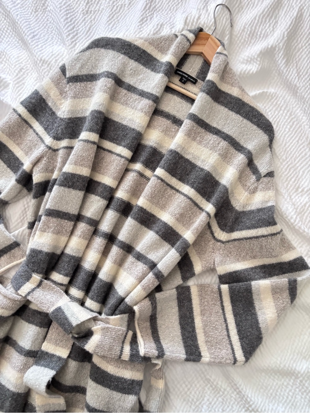 James Perse Striped Cashmere Belted Long Line Cardigan